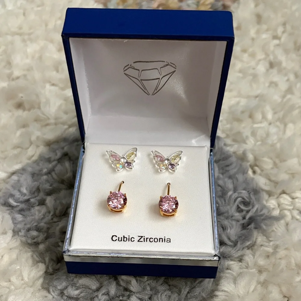 Elegant Pink Cubic Zirconia Earrings 2 Pairs